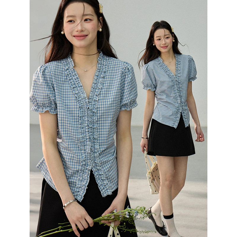 [Blueberry Soda] Songming French Retro Funse Edge Checked Shirt Women Summer Puff Sleeve Top AN1108