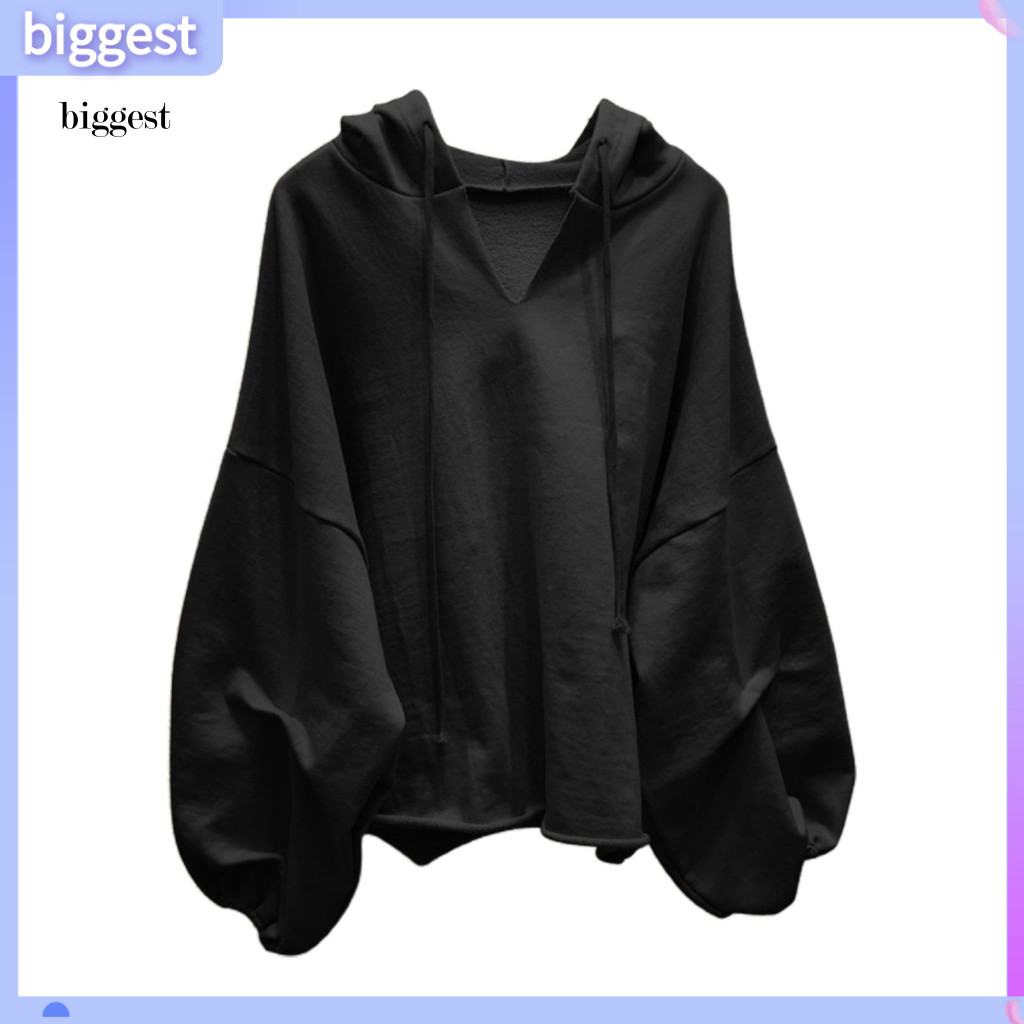 BGT สีทึบ Drawstring เสื้อสวมหัว Hoodie ฤดูใบไม้ร่วง Batwing แขน V คอผู้หญิงเสื้อกันหนาว Streetwear