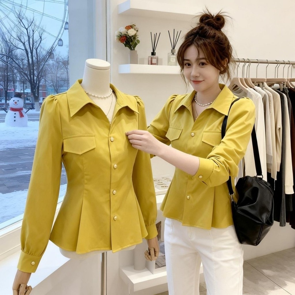 เสื้อเชิ้ตแขนยาวสีทึบปกสํานักงานด้านบน