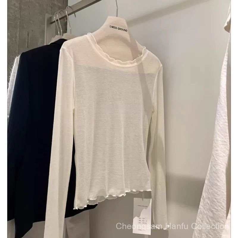 ผู้หญิง Ruffle Trim ลูกเรือคอ Semi-Sheer แขนยาว, Slim Fit Soft บาง Layering Basic เสื้อ 629