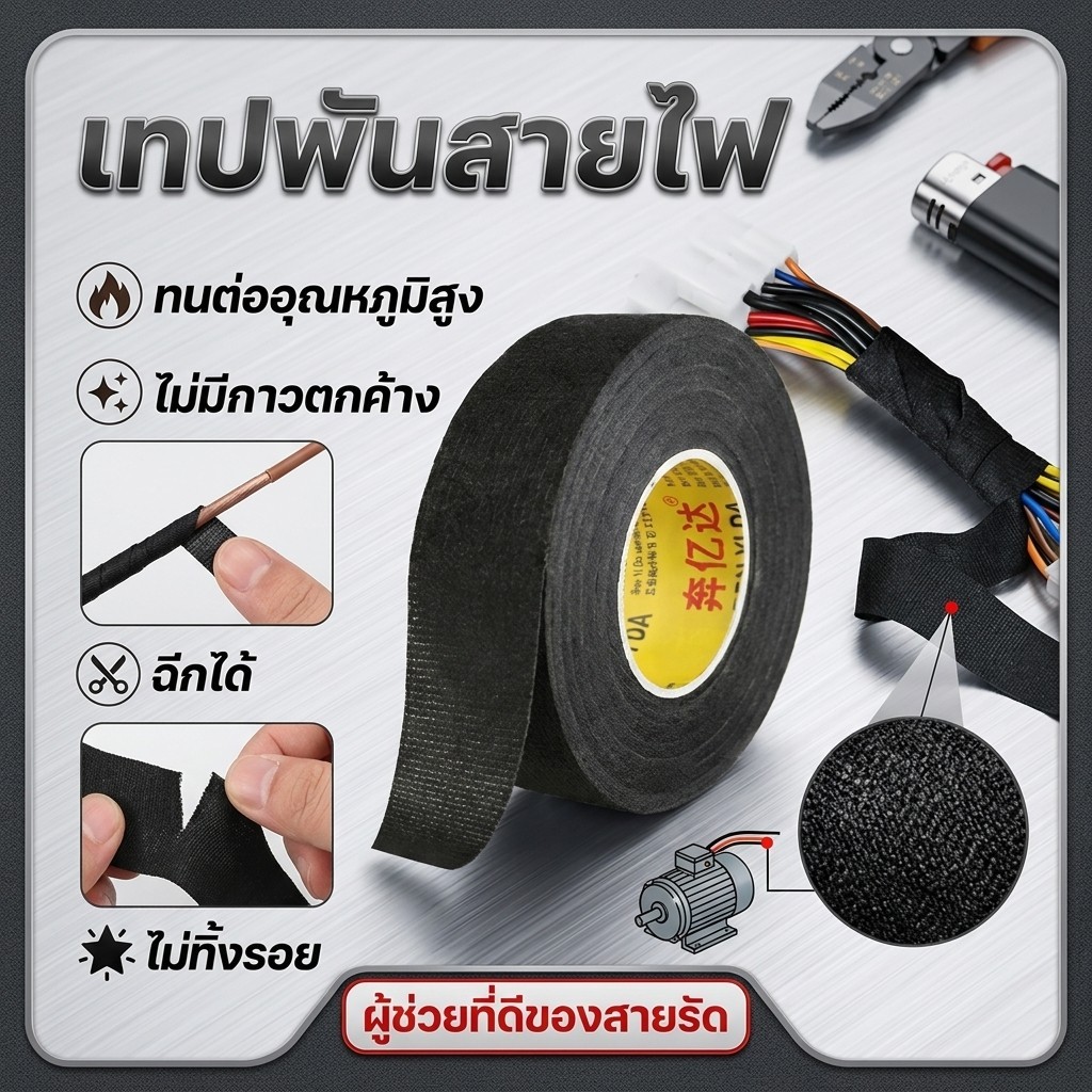 เทปพันสายไฟ เทปพันสายไฟ เทปเทปผ้าพันสายไฟรถยนต์ สีดำ ใช้งานง่าย เทปผ้ากาว พันสายไฟทนความร้อน คุณภาพสูงสำหรับรถยนต์