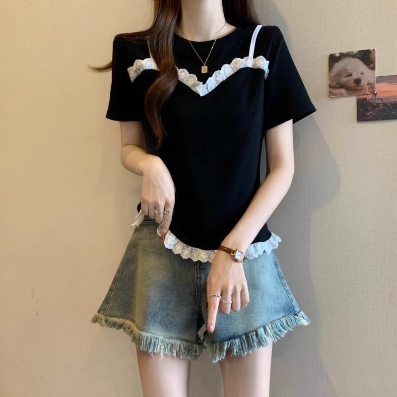 S Silas Shop พลัสขนาดเสื้อผ้าผู้หญิงลูกไม้แขนสั้นเสื้อยืดฤดูร้อนสุภาพสตรีหลวมพอดีกับรุ่นเกาหลีด้านบน