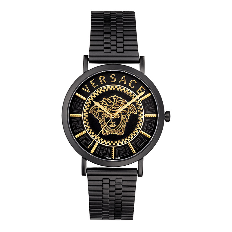 [ดําเนินการเอง] VERSACE/VERSACE นาฬิกาผู้ชาย Swiss อินเทรนด์สีดําทองนาฬิกาผู้ชาย Medusa นูน