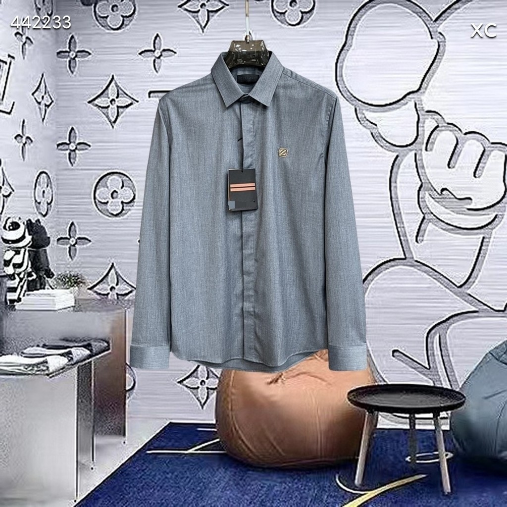 BHWO Zegna 2025Spring and Autumn Men's Shirt Business Wear Non-Iron Long Sleeve Shirt Gray Embroider