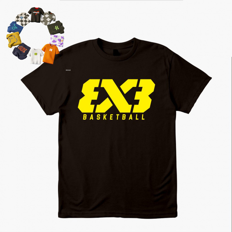 เสื้อยืดกีฬาบาสเก็ตบอลพิมพ์ลายสีเหลืองและตัวอักษร 3X3 ทำจากผ้าฝ้าย สไตล์เท่ห์สำหรับคนทันสมัย
