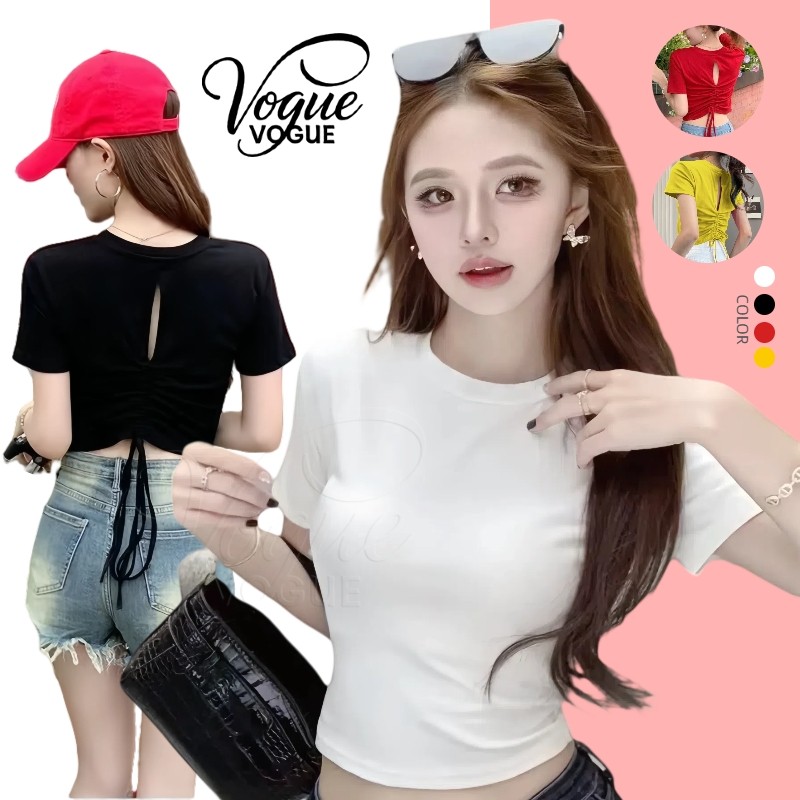 Vogue🌟พร้อมส่ง🌟 เสื้อยืดครอป แขนสั้น สีพื้นใส่สบายดีเทลเว้าหลังสายรูด มีฟองน้ำ (FY5050)