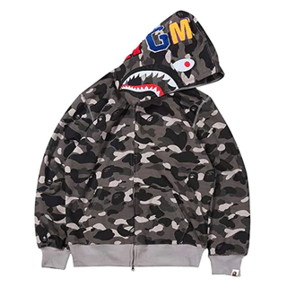 แจ็คเก็ต shark print hoodie Bape สำหรับทั้งผู้ชายและผู้หญิง ดีไซน์ซิปหน้า แฟชั่น streetwear