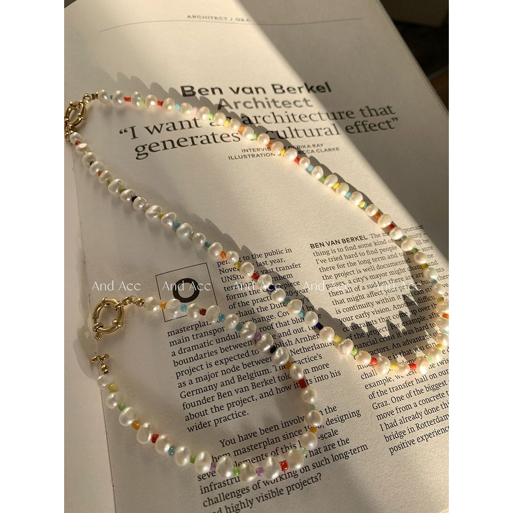 All-Match ไข่มุกน้ําจืดธรรมชาติเย็บสี Spacer ลูกปัด ot สร้อยคอหัวเข็มขัด Niche Clavicle Chain Contra