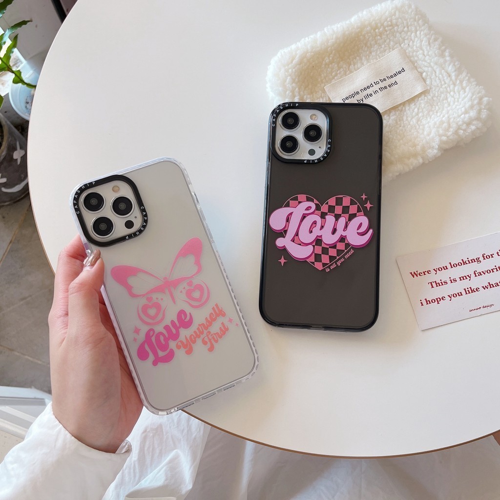 CAPASHIP ผีเสื้อ Love Yourself Cure หัวใจสีชมพู 90S retro Y2K นุ่มกรณีสําหรับ iPhone 17 Pro Max Air 
