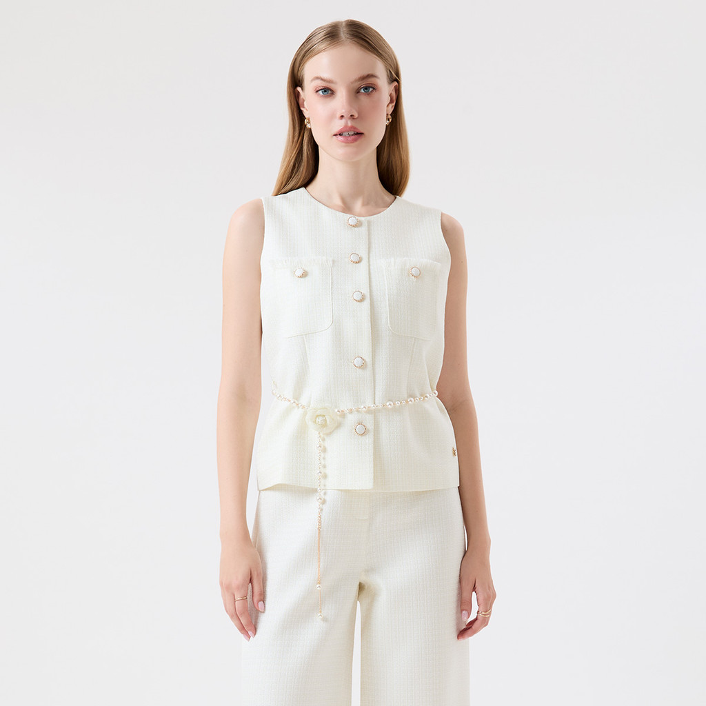 ESPADA เสื้อเบลาส์แขนกุด ผ้าทวีต ผู้หญิง สีไอเวอรี่ | Tweed Sleeveless Blouse | 04874