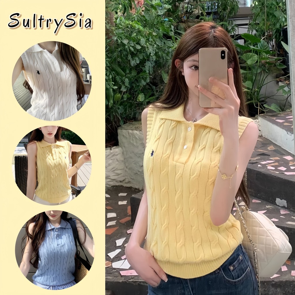 SultrySia เสื้อยืดคอกลม ผ้าถัก เสื้อกล้ามไหมพรม คอปก สไตล์เกาหลี สีพาสเทลใส่ง่าย "W-J074"