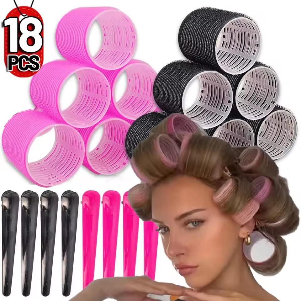 No ฮีทโรลม้วนผมและชุดคลิป-ที่ม้วนผมพลาสติก 12 ชิ้นพร้อมคลิปหนีบ 6 ชิ้นสําหรับลอนแบบไม่มีความร้อนจัดแต่งทรงผมเรียบและเพิ่มระดับเสียงตัวเลือกสีดํา/กุหลาบสีแดง