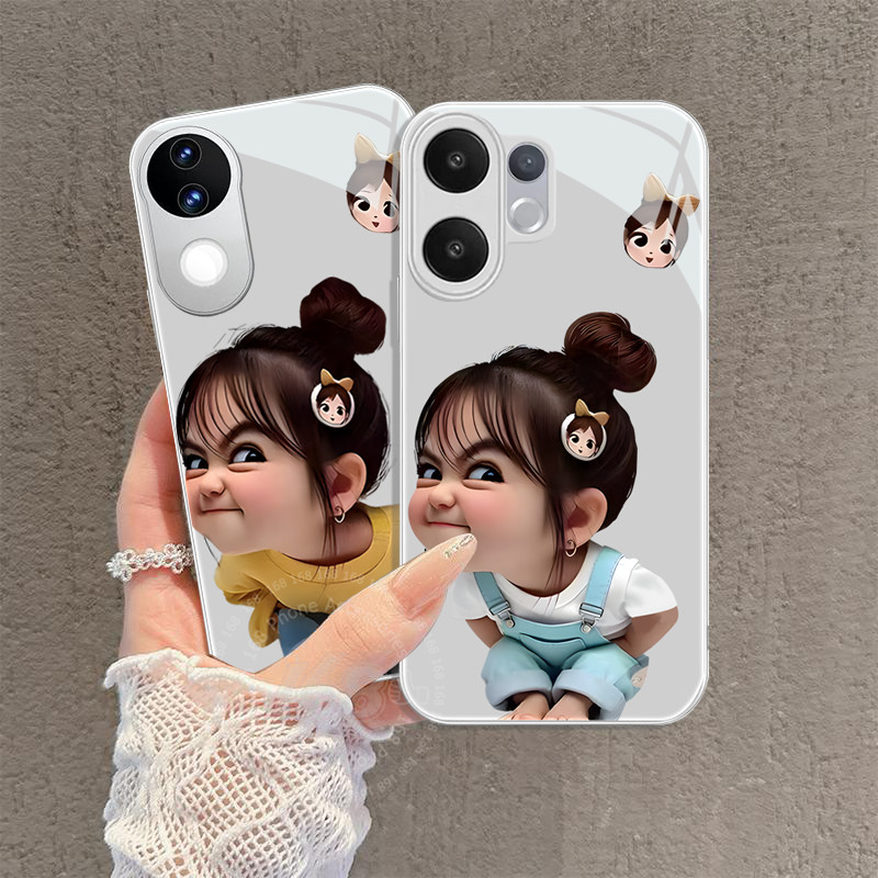 เคส Vivo V60 Lite V60 V70 V50 5G Case เคสการ์ตูนสาวน้อยน่ารักพร้อมอีโมจิที่ตลก เคสกันกระแทกพร้อมขอบซิลิโคนอ่อน เคสกระจกแข็งลิขสิทธิ์หรูสำหรับสาวๆ ผู้หญิง