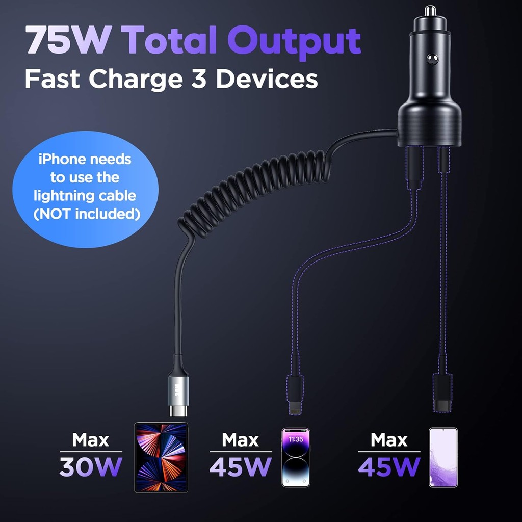 USB C Car Charger, 75W โลหะ 3-Port Super Fast Car Charger Adapter PD & QC3.0 ในตัว 6ft Type C C C C 
