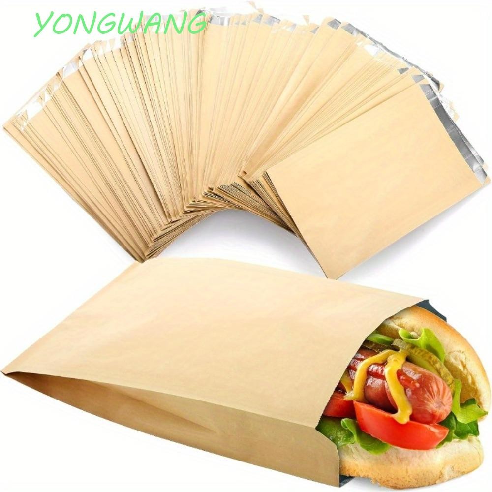 YONGWANG 100 ชิ้นซื้อกลับบ้านถุงอาหาร,การเก็บรักษาความร้อนแบบใช้แล้วทิ้งกระดาษคราฟท์ถุงเก็บอาหาร,ถุงแซนวิชอลูมิเนียมฟอยล์ซับหนาท่ีต้านทานนํา้มันบาร์บีคิวห่ออาหารกลางวัน
