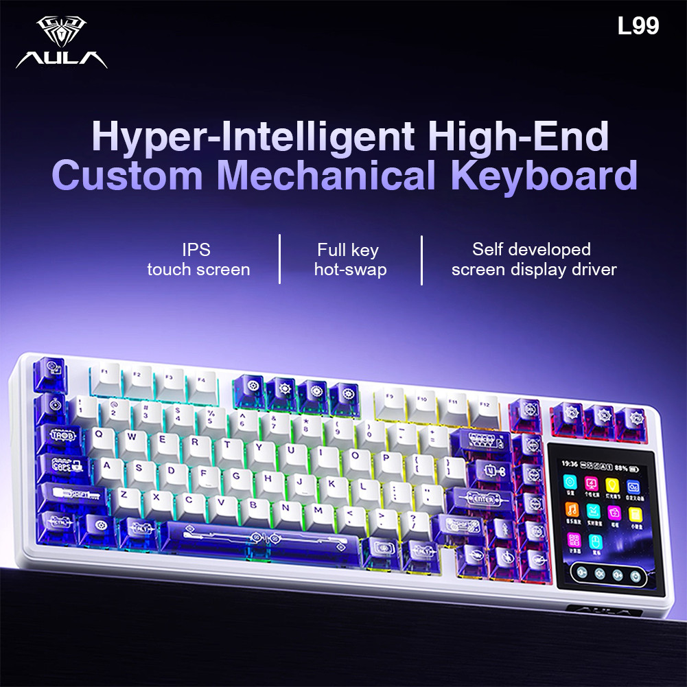 AULA L99 สมาร์ทจอแสดงผลคีย์บอร์ดแบบกลไก Tri-Mode Touch Control 8000mAh แบตเตอรี่คีย์บอร์ดเกมที่ปรับแ