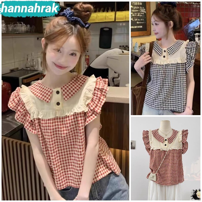 (ส่งจากกรุงเทพฯ) เสื้อเเขนกุด เสื้อกั๊ก ลายสก๊อต น่ารักหวาน สไตล์เกาหลี เสื้อด้านบน