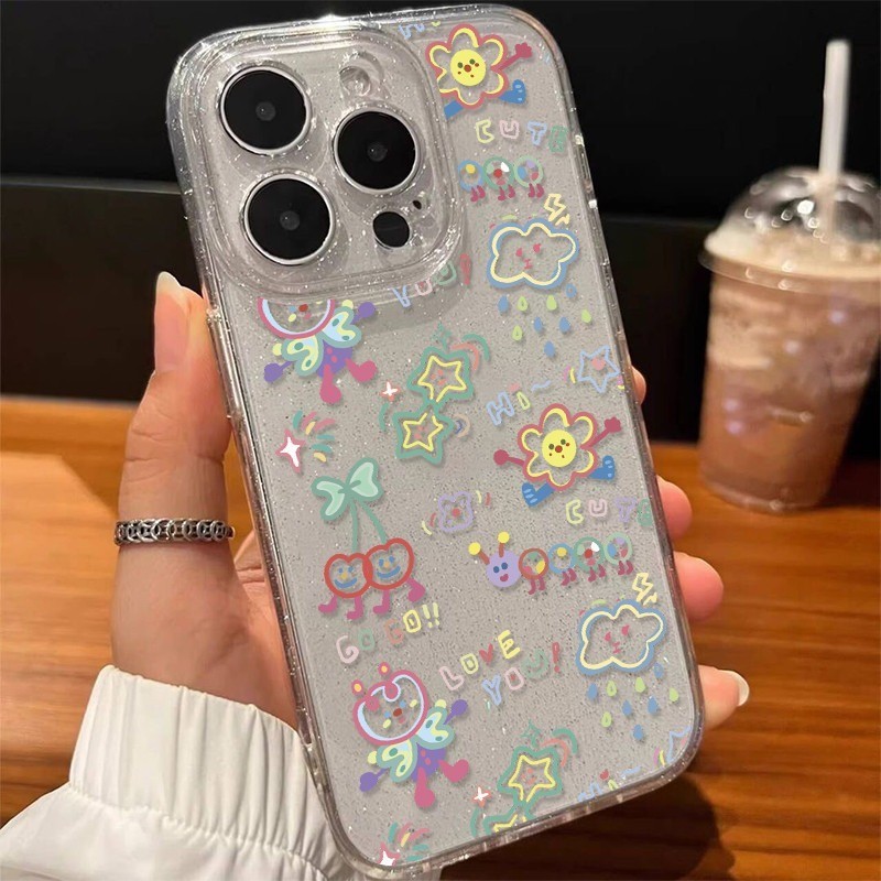 เคส iPhone 16 IP 11 เคสใสแบบแวววาว TPU นุ่มสีสันสด ลายการ์ตูนสีสันสดใสน่ารัก Compatible IPXS 12 13 14 15 16 PRO MAX XSMA