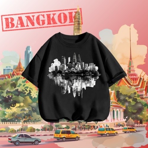 กรุงเทพมหานคร Skyline พิมพ์ 100% ผ้าฝ้าย ยูนิเซ็กส์ เสื้อยืดคอกลม กรุงเทพมหานคร Skyline เสื้อสำหรับผ