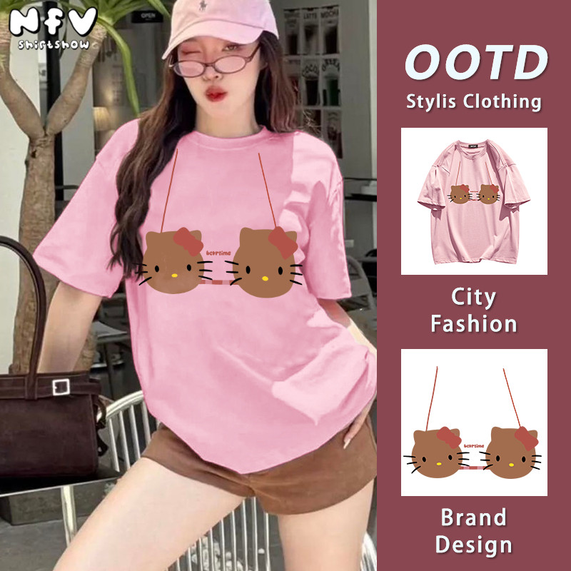 NFV ใหม่ล่าสุด✨ลวดลายแมว คอเสื้อยืดผู้หญิง ใส่สบายไม่รัดตัว ระบายอากาศ ใส่สบาย แฟชั่นเกาหลี YG1620