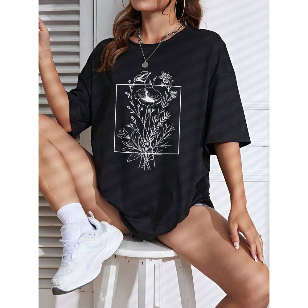 2025 ใหม่ INAWLY FloralPrintDropShoulderTeeGraphicTeesWomenTop BFLJ