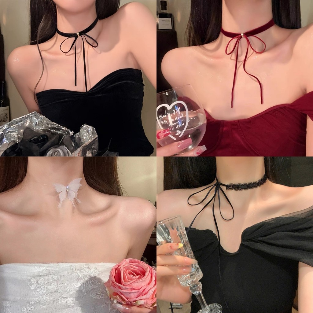 ริบบิ้น สร้อยคอ โบว์ลูกไม้ หรูหราและมีสไตล์ หลากหลายสไตล์ สร้อยคอ สั้น   ส่งไวจากไทย