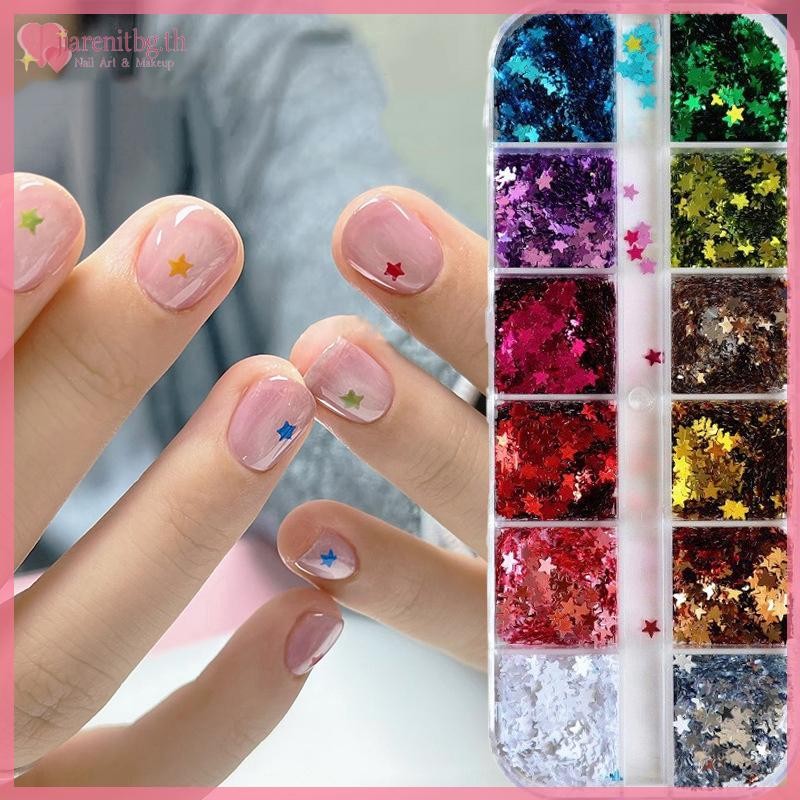 RENBG 12 กริด/กล่องเล็บ Enhancements เลื่อม Ultra-thin Star Bow รูปร่าง Glitter Gradient เล็บอุปกรณ์ตกแต่ง TH - รูปที่ 3