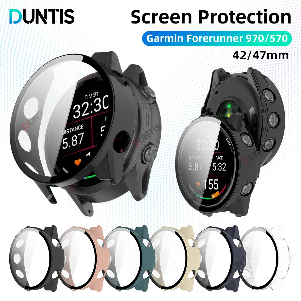 กระจกนิรภัย + สําหรับผู้เบิกทาง For Garmin 570 47 มม.42 มม.ตัวป้องกันหน้าจอรอบด้านนาฬิกา PC สําหรับ Garmin 970 ฝาครอบ