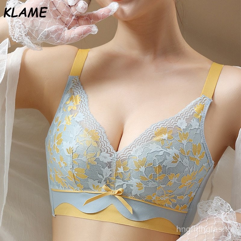 KLAME Soft Lace Push Up Anti-Sgging ไร้สาย Comfort V คอ 3D A/C ถ้วย Bra KLM975