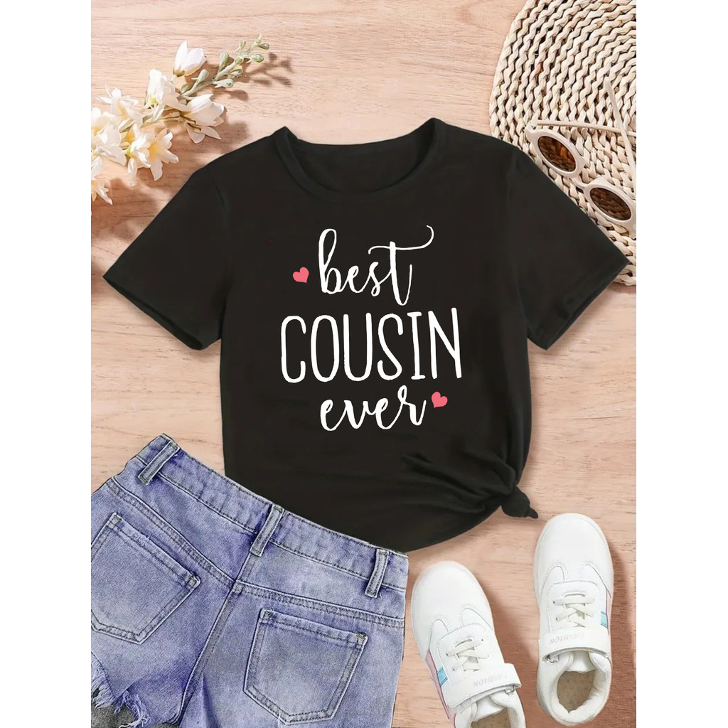 Pink Love Best Cousin Ever Letter พิมพ์ T เสื้อสาวฤดูร้อนเสื้อแขนสั้น Kawaii เด็กเสื้อผ้าเด็กวัยหัดเ
