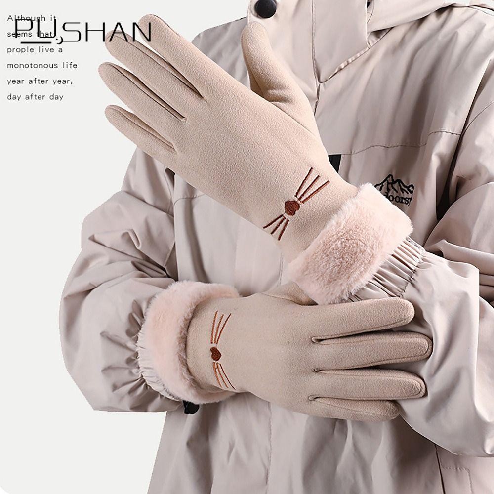 ถุงมือนิ้วด้านพลัสซ์ทอจากขนสัตว์ กันลม หน้าจอกดได้ ออกแบบสไตล์เกาหลี เหมาะสำหรับผู้หญิงในฤดูหนาว