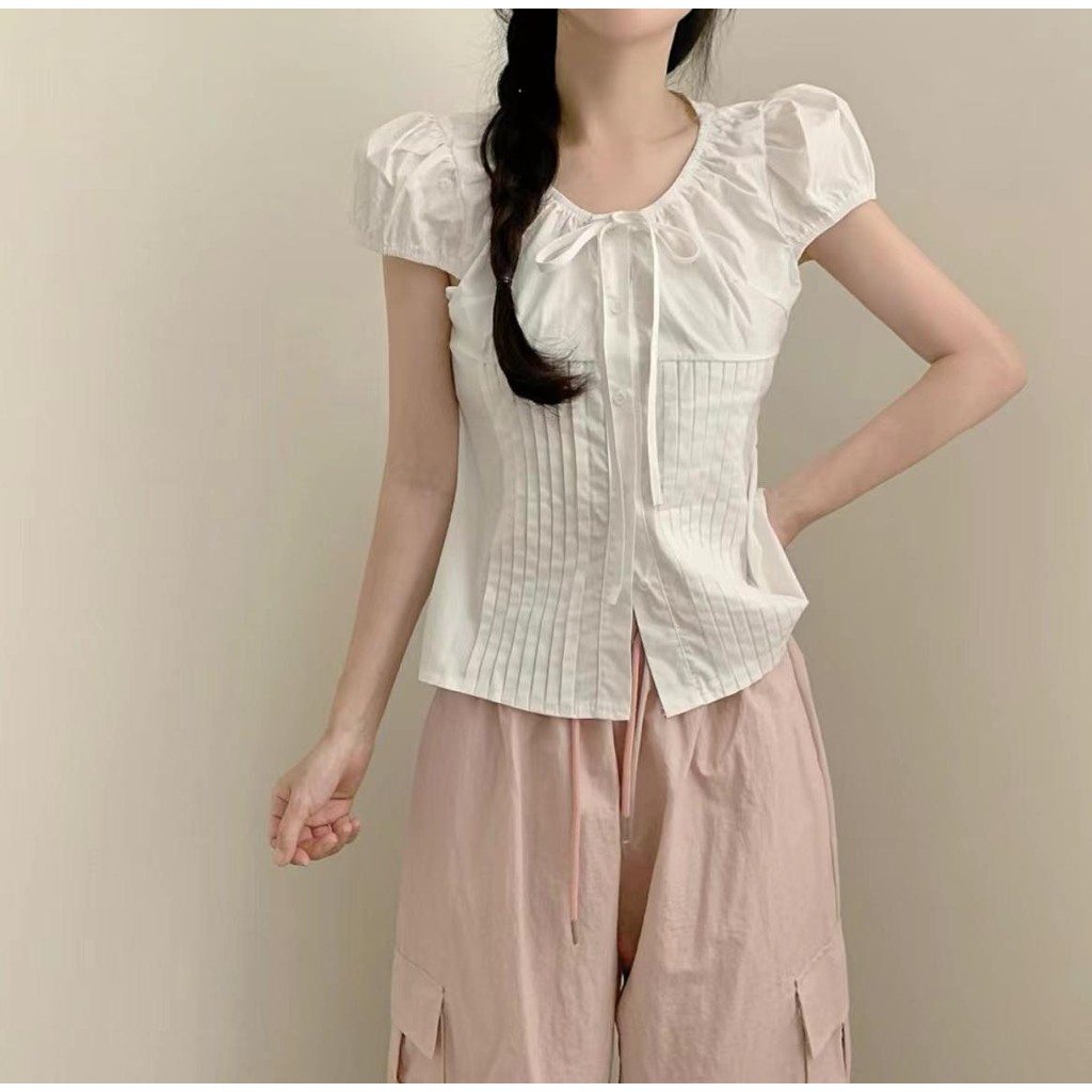 Red Berryเสื้อแขนพองสไตล์เกาหลี เสื้อเชิ้ตแขนสั้นหวานๆ ทรงหลวมผูกปม W569