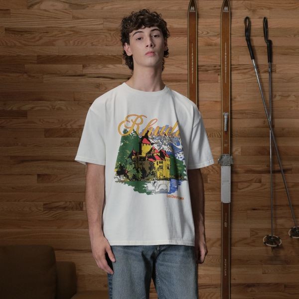 QL7U RHUDE Alpine Vineyard Pastoral Print High Street Retro Loose Round Neck Short Sleeve T T-shirt 