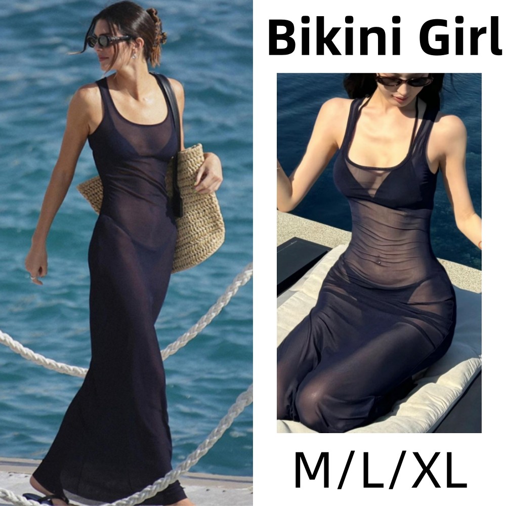กระโปรงยาว สีพื้น วัสดุตาข่าย การออกแบบสายรัด โปร่งแสง ทรงสลิมฟิต เซ็กซี่ ใส่คู่กับบิกินี่
