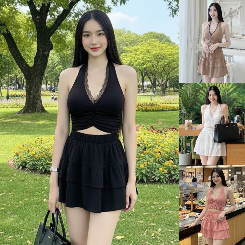 เซ็ต2ชิ้น เสื้อครอปคล้องคอ แต่งลูกไม้ สีดำ/สีพื้น อกสม็อคยางยืด+กระโปรงกางเกง เอวยางยืดระบายสองชั้น #2115