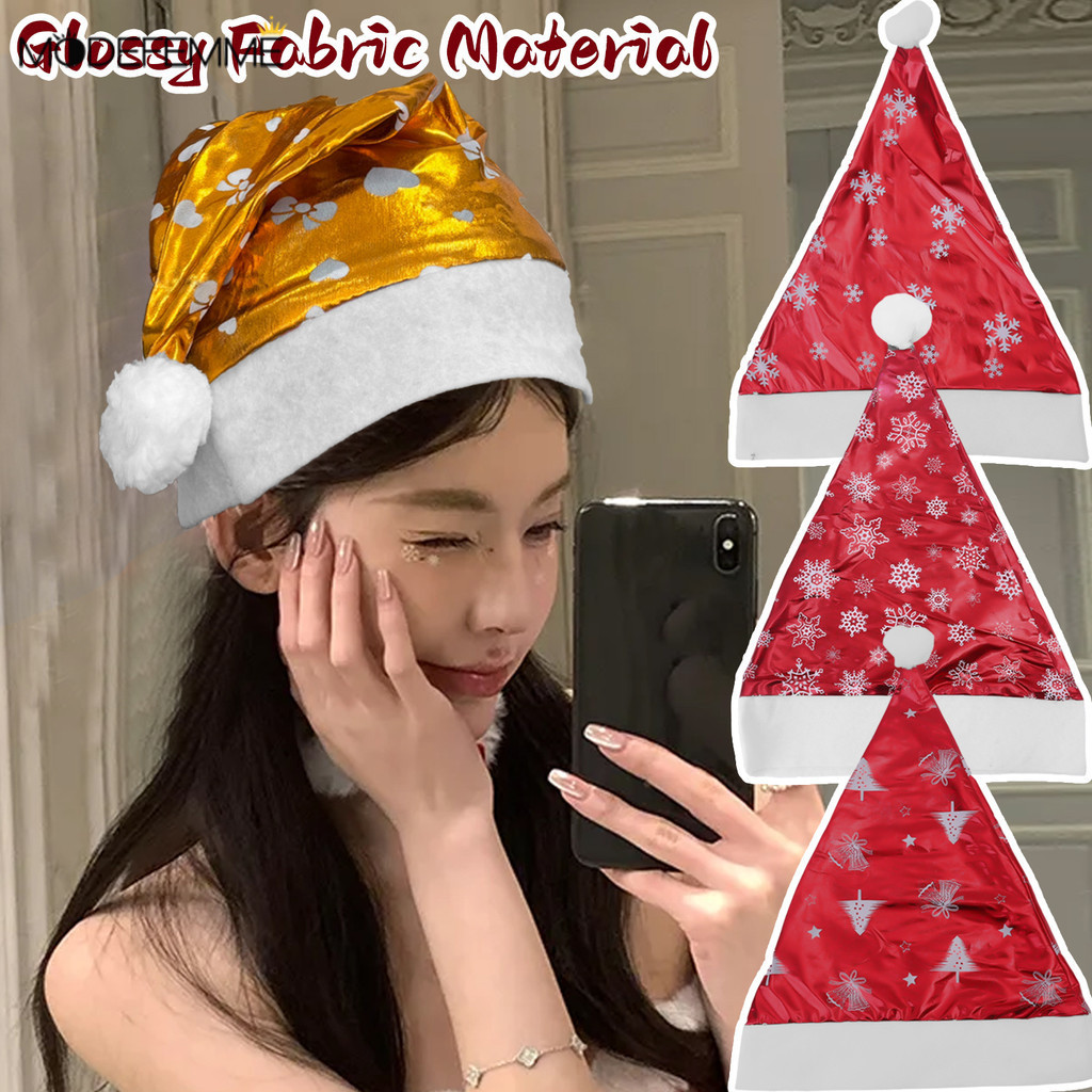 [H&L]หมวกซานต้าผ้ามันเงา-1/3/5ชิ้น |7 รูปแบบ เกล็ดหิมะลายดาว|  ตกแต่งคริสต์มาสสําหรับผู้ใหญ่เด็กอุปกรณ์ปาร์ตี้