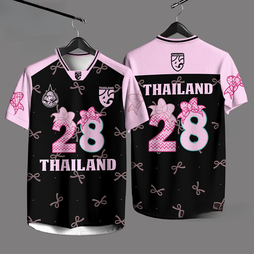 เสื้อยืดกีฬาผู้หญิง ทีมฟุตบอลไทย เบอร์ 10 โบว์สีชมพูกีฬากลางแจ้งเสื้อยืดกีฬากลางแจ้งเสื้อยืดโบว์พิมพ์เสื้อยืดผู้หญิงเสื้อยืดระบายอากาศ