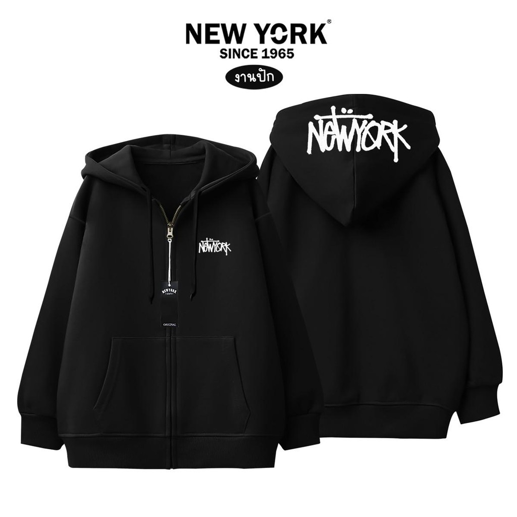 NEWYORK 1965 STREET - งานปักหมวก เสื้อคลุมแขนยาวมีฮู้ด ซิปทอง คุณภาพผ้าคอตตอนวอร์ม ใส่สบาย