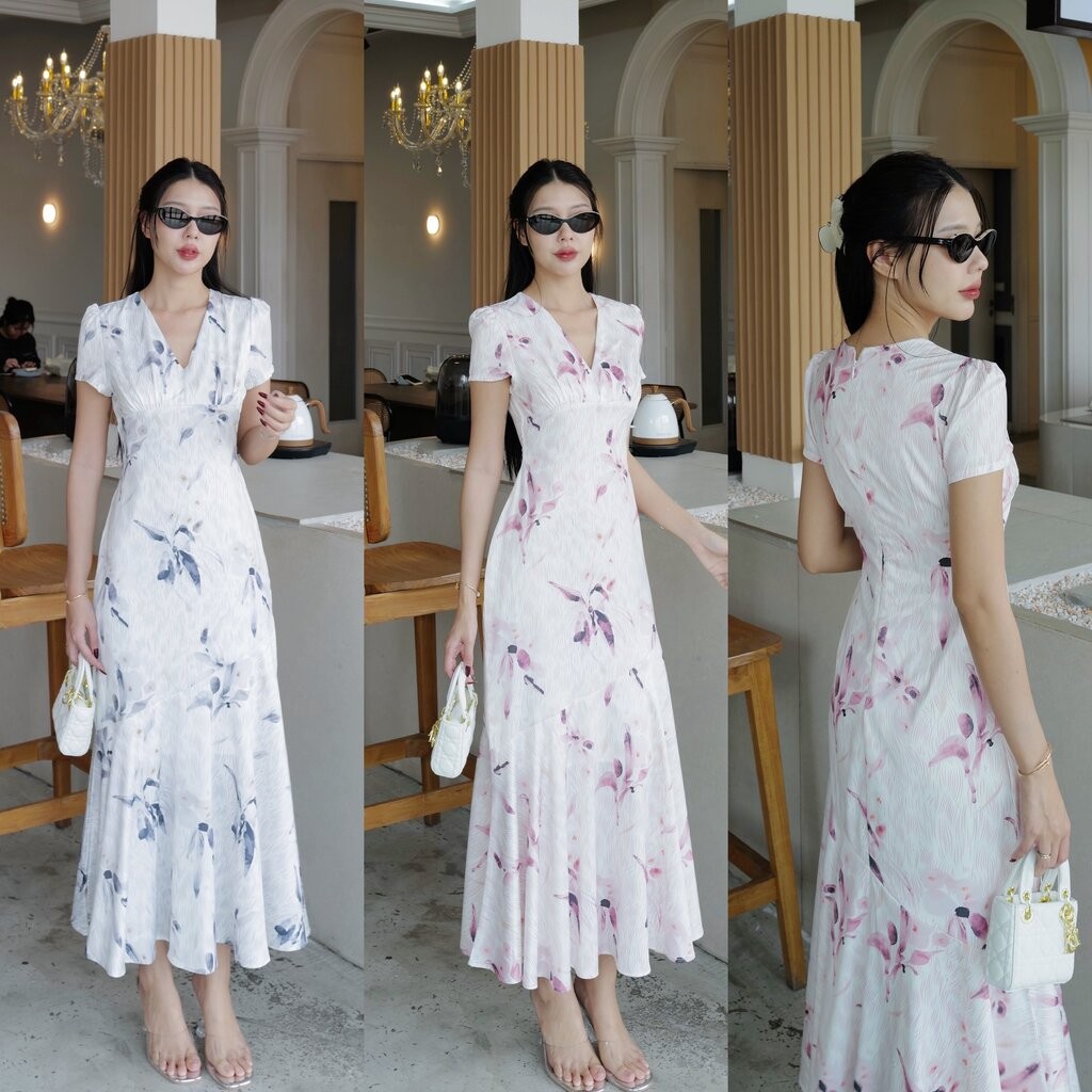 #5422 EVE 🤍เดรสยาวดอกไม้ผ้าซาตินคอวี มีซับในถึงเข่า ซิปหลังใส่ง่าย ชายกระโปรงบานหางปลา