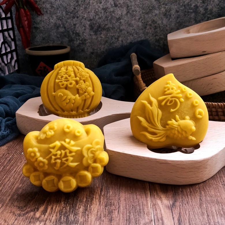 Premium In-Stock#New Wooden Baking Mold New Year Steamed Flower Pattern Steamed Bun Dough Fish Knock