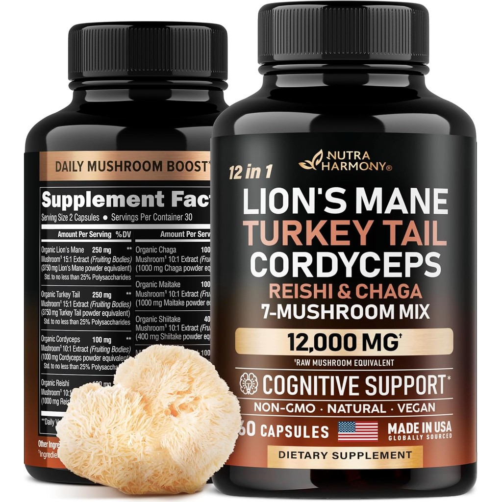 Mushroom Supplement - Organic Lions Mane | Turkey Tail | Chaga | Cordyceps | Reishi | Maitake | Shii