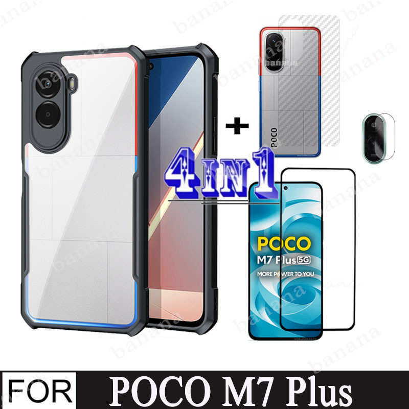 Poco M7 Plus เคสโทรศัพท์กันกระแทกสําหรับ Poco M7 4G 4in1 กระจกนิรภัยป้องกันหน้าจอ + ฟิล์มด้านหลัง + 