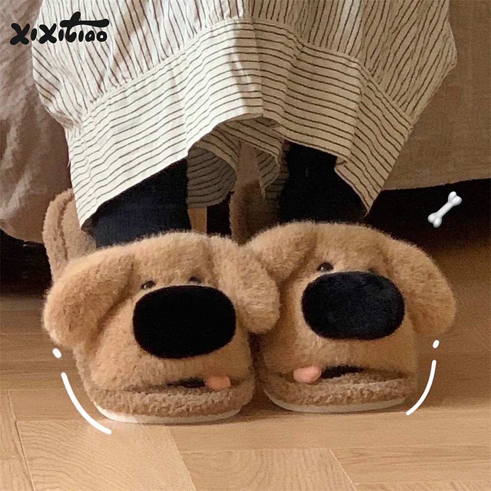 XIXITIAO รองเท้าแตะผ้าฝ้ายลายสุนัขน่ารักอบอุ่นสำหรับผู้ชายและผู้หญิงในฤดูใบไม้ร่วงและฤดูหนาว