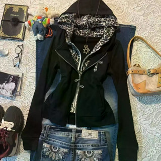 X-ORANGE เอเชียวัฒนธรรม y2k เสือดาวพิมพ์เย็บปลอมสองชิ้น Hood…