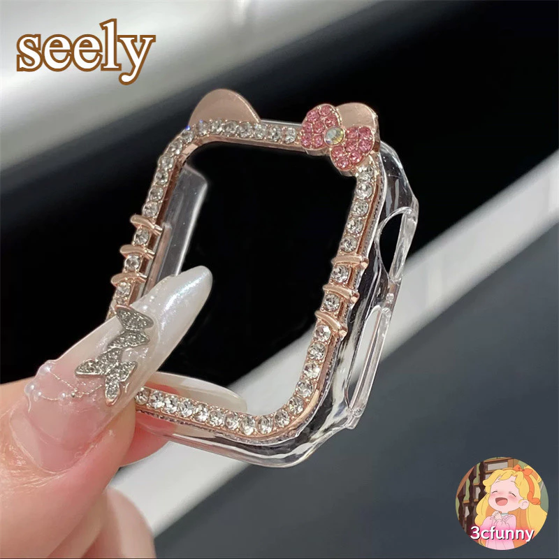 Hello Kitty Diamond Bow Bling Case สําหรับ I-Watch ขนาด 46/42 มม.40 มม.41 มม.44 M 45 มม.เพชรกันชน + หน้าจอสําหรับ iWatch Series 10 9 8 7 6 5 4 SE 2 Smart Watch Case