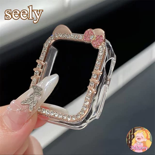 Hello Kitty Diamond Bow Bling Case สําหรับ I-Watch ขนาด 46/42 มม.40 มม.41 มม.44 M 45 มม.เพชรกันชน + หน้าจอสําหรับ iWatch Series 10 9 8 7 6 5 4 SE 2 Smart Watch Case