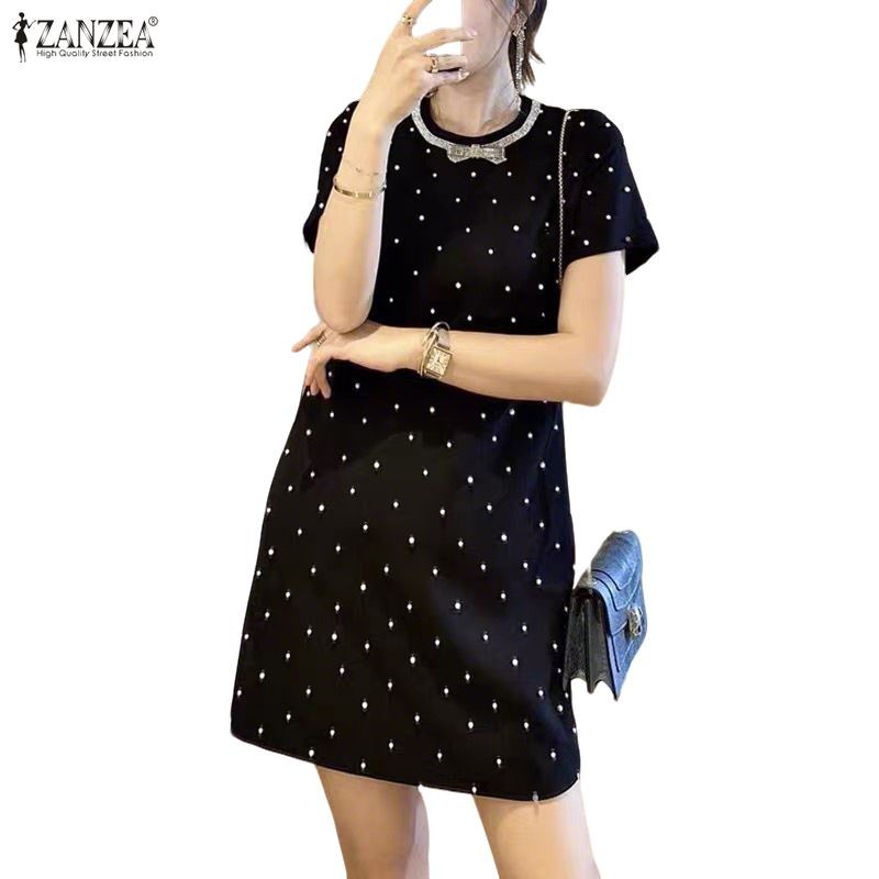 ZANZEA ชุดเดรสเกาหลีสไตล์ลายจุด คอกลมแขนสั้น สบายๆสำหรับผู้หญิง