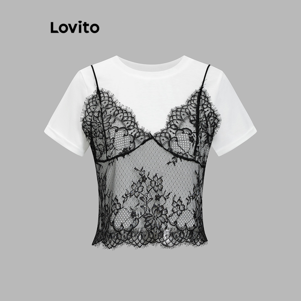 Lovito  เสื้อยืดผู้หญิง ลูกไม้ ผ้าเย็บต่อ สีพื้น  สไตล์หรูหรา L106AD114