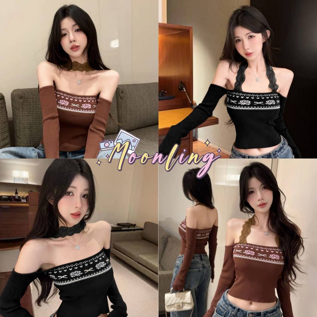 🌜Moonling🌛พร้อมส่งจากไทย เสื้อไหมพรมเปิดไหล่ แขนยาว สไตล์โบฮีเมี่ยน สีพื้นยืดพอดีตัว *31122*