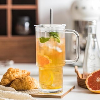 26oz Ribbed Glass Tumbler with Handle & Lid – 1-Pack Large Iced Coffee Cups with Straws, Modern Glass Mug for Cold & Hot Beverages